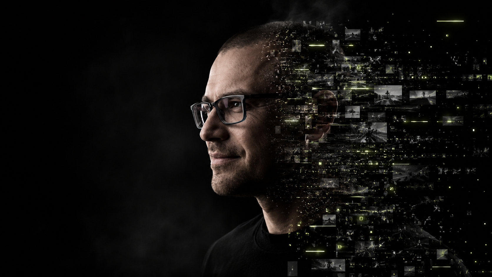 Tomáš Adámek, tvůrce AI videí — portrét rozpouštějící se do digitálních fragmentů